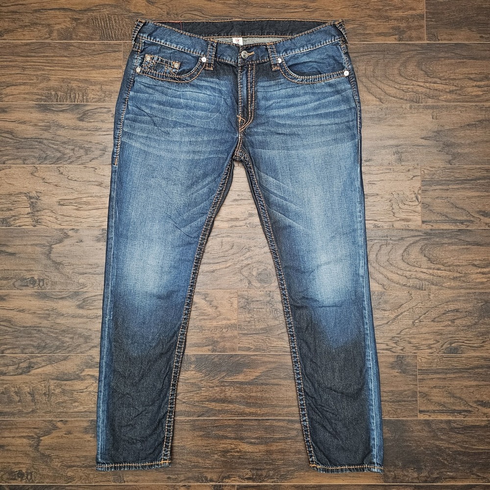 True Religion Men's 42x32 Skinny Big T‎ Thick Stitching Denim Jeans Medium Wash